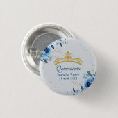 Quinceanera Gouden Tiara Glitter en Blauwe Bloemen Ronde Button 3,2 Cm (Voorkant /achterkant)