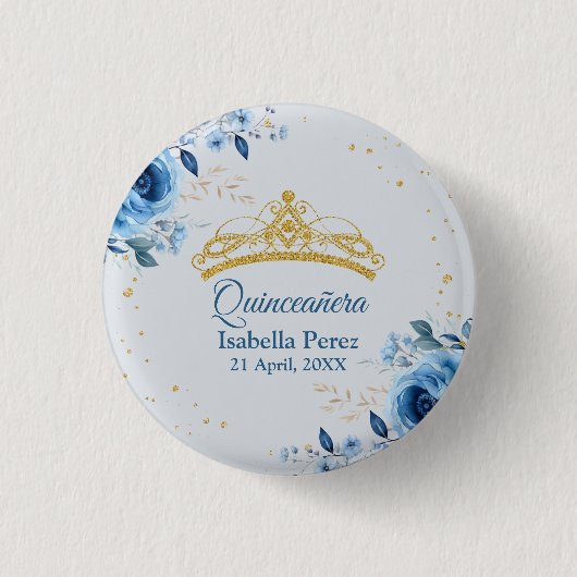 Quinceanera Gouden Tiara Glitter en Blauwe Bloemen Ronde Button 3,2 Cm (Voorkant)