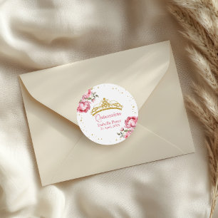 Quinceanera Gouden Tiara Glitters en Roze Bloemen Ronde Sticker