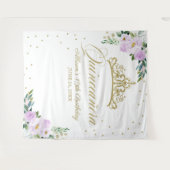 Quinceanera Gouden Tiara Lila Bloemstuk Achtergron Wandkleed (Voorkant (horizontaal))