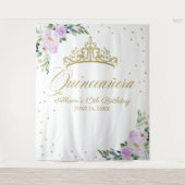 Quinceanera Gouden Tiara Lila Bloemstuk Achtergron Wandkleed (Voorkant)