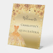 Quinceanera goudglitter jurk welkom reclamebord met voetstuk (Voorkant)