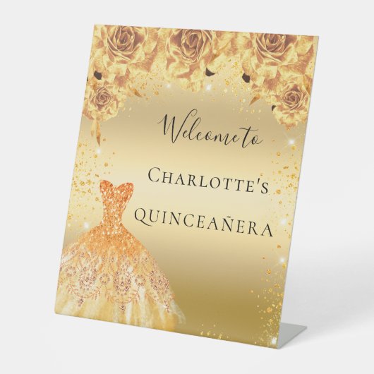 Quinceanera goudglitter jurk welkom reclamebord met voetstuk (Voorkant)