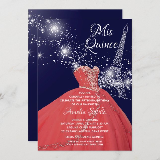 Quinceañera Gown Tour Eiffel Invitations (Devant / Derrière)