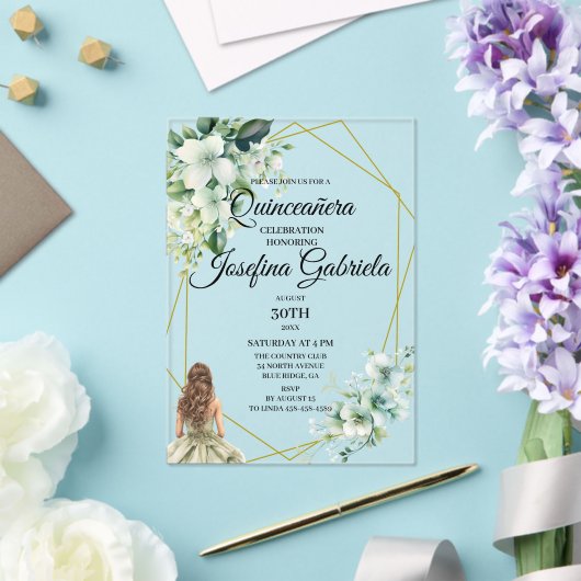 Quinceanera green floral acryl uitnodigingen (Insitu (Huwelijk))