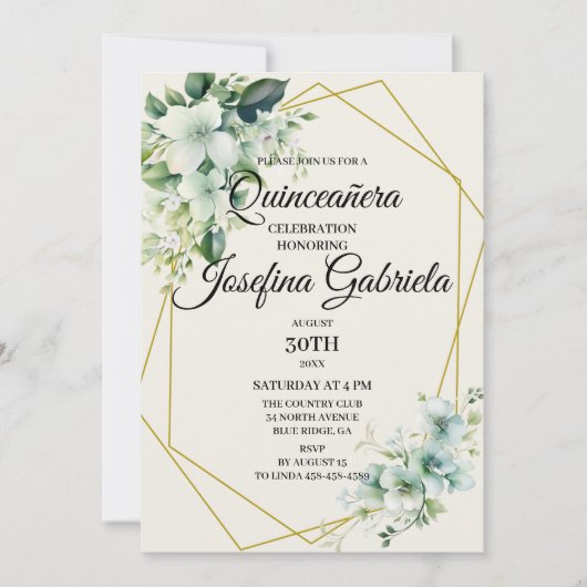 Quinceañera Green floral Invitation (Devant)