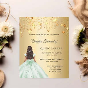 Quinceanera groen goud jurk sterren uitnodiging