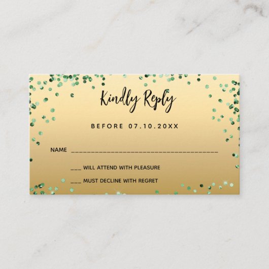Quinceanera groene jurk gouden RSVP-kaart Informatiekaartje (Voorkant)