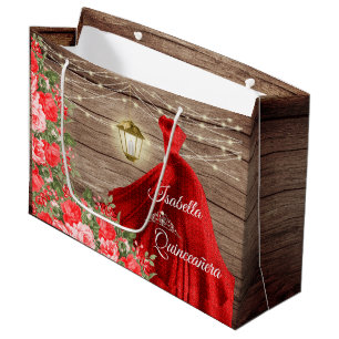 Quinceanera - Hout en Rode Floral Groot Cadeauzakje
