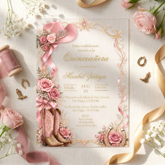 Quinceañera in elegante cowboy-stijl roze en goud acryl uitnodigingen