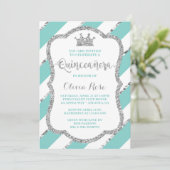 Quinceañera Invitation, Aqua, Silver, Crown Kaart (Staand voorkant)