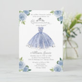 Quinceanera Invitation Argent Blue Floral Gown (Debout devant)