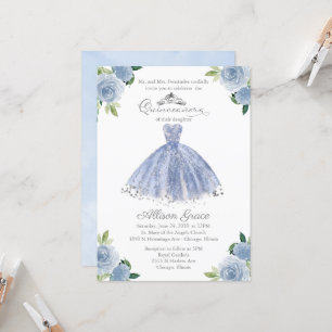 Quinceanera Invitation Argent Blue Floral Gown
