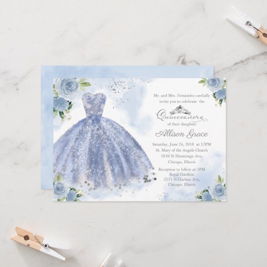 Quinceanera Invitation Argent Léger Bleu Gown (Devant/Arrière en situation)