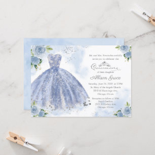 Quinceanera Invitation Argent Léger Bleu Gown