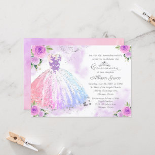 Quinceanera Invitation Argent Pastel Couleur Gown