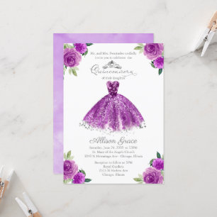 Quinceanera Invitation Argent Purple Floral Gown