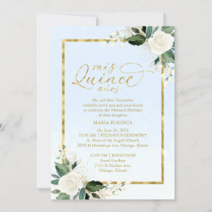 Quinceanera Invitation Bilingual Blue Gold Foil Kaart
