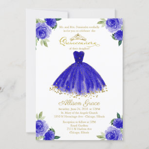 Quinceanera Invitation Bilingual Royal Blue Gown Kaart