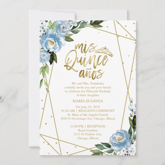 Quinceanera Invitation Bilingue Bleu Or Huile (Devant)