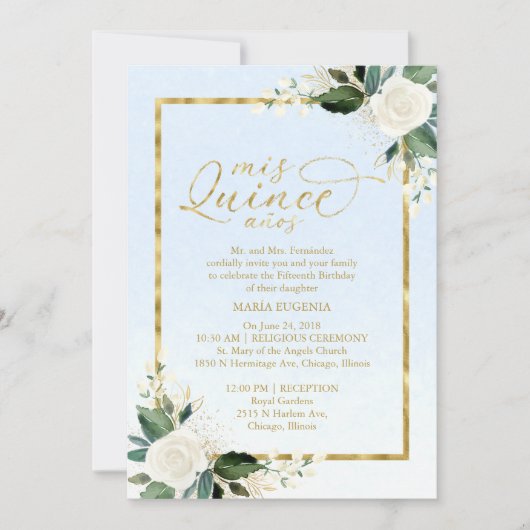 Quinceanera Invitation Bilingue Bleu Or Huile (Devant)