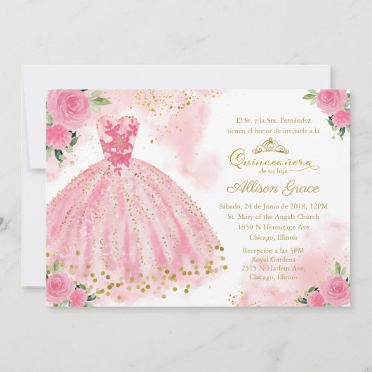 Quinceanera Invitation Bilingue Hot Pink Gown (Dos)