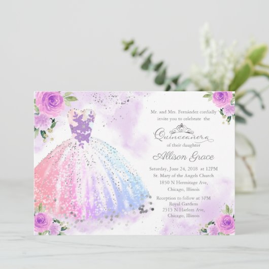 Quinceanera Invitation Bilingue Pastel Couleurs (Debout devant)
