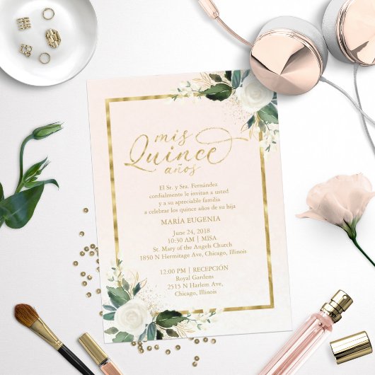 Quinceanera Invitation Bilingue Pink Gold Foil