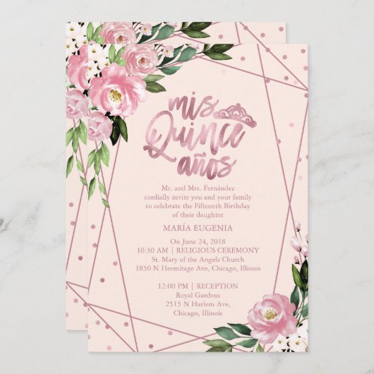 Quinceanera Invitation Bilingue Rose Blush (Devant / Derrière)