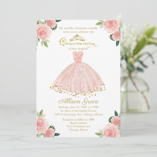 Quinceanera Invitation Bilingue Rose Blush Gown (Debout devant)