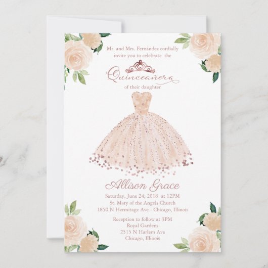 Quinceanera Invitation Bilingue Rose Blush Gown (Devant)