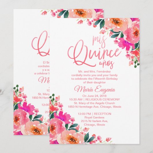 Quinceanera Invitation Bilingue Rose Chaud Floral (Devant / Derrière)