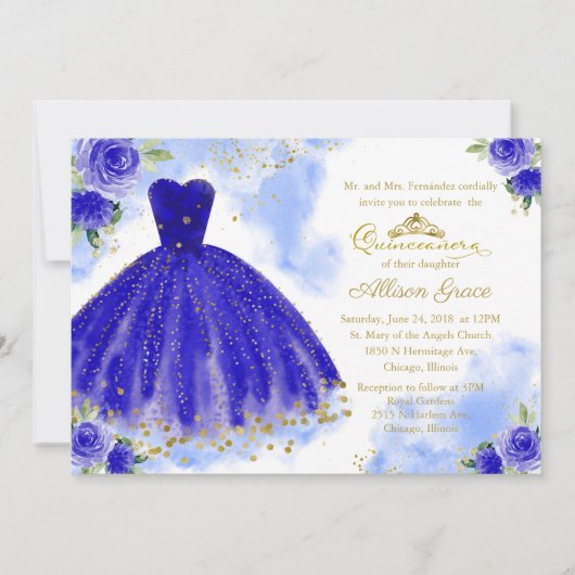 Quinceanera Invitation Bilingue Royal Blue Gown (Devant)