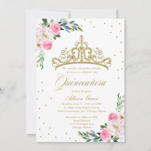 Quinceanera Invitation Bilingue Tiara Hot Pink (Devant)
