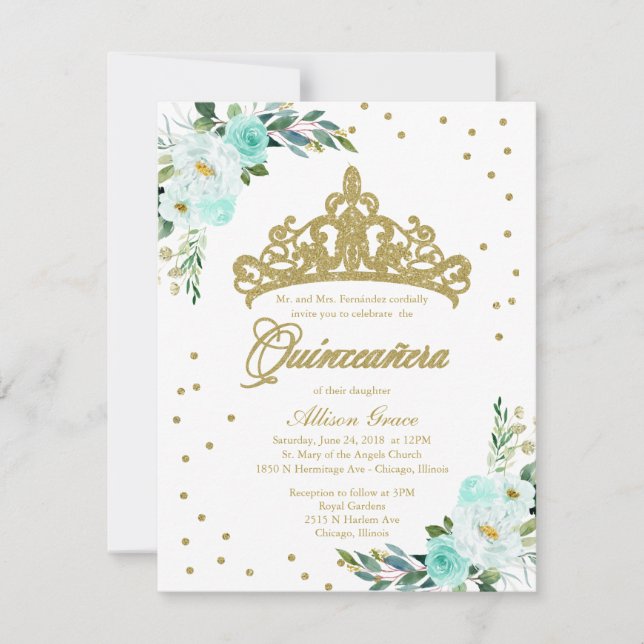 Quinceanera Invitation Bilingue Tiara Turquoise (Devant)