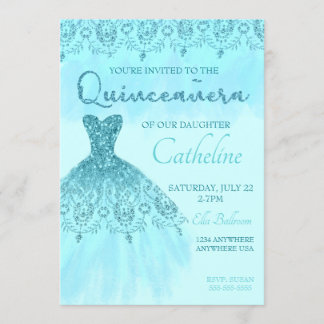 Quinceanera Invitation blauwgroen Glitter, 15e ver Kaart