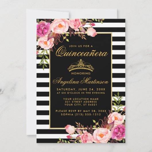 Quinceanera Invitation de la Couronne florale rose (Devant)