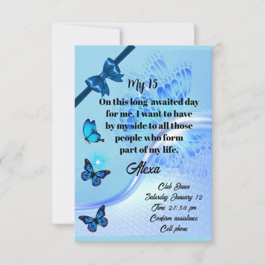 Quinceanera invitation digital butterfly blue (Devant)