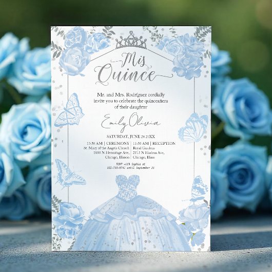 Quinceanera Invitation Dusty Blue Robe Papillon