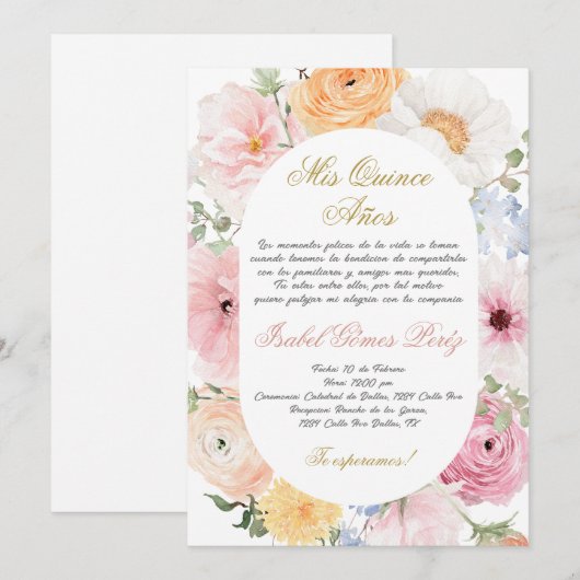 Quinceanera invitation en espagnol (Devant / Derrière)