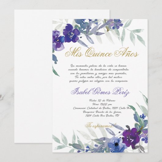Quinceanera invitation en espagnol (Devant / Derrière)