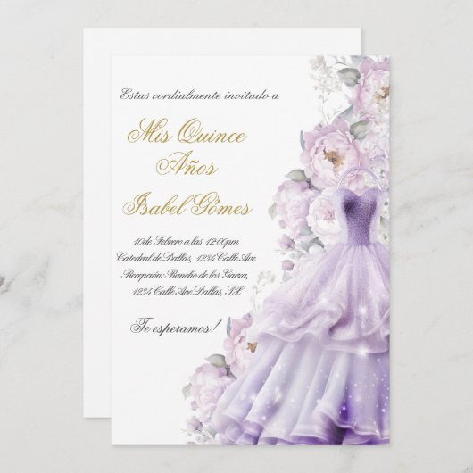 Quinceanera invitation en espagnol con vestido (Devant / Derrière)
