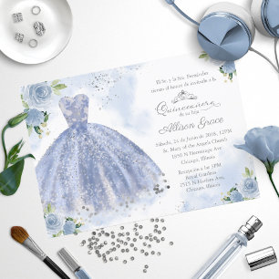 Quinceanera Invitation Espagnol Argent Blue Gown