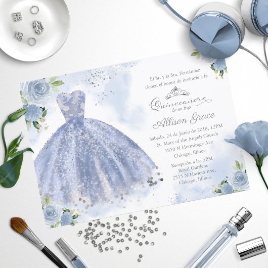Quinceanera Invitation Espagnol Argent Blue Gown