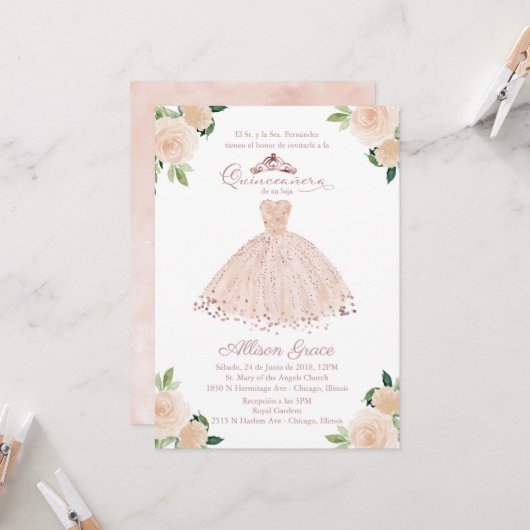 Quinceanera Invitation Espagnol Blush Gown Floral (Devant/Arrière en situation)