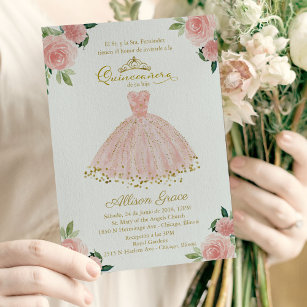 Quinceanera Invitation Espagnol Blush Gown Floral