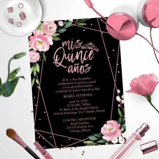 Quinceanera Invitation Espagnol Blush Rose Or