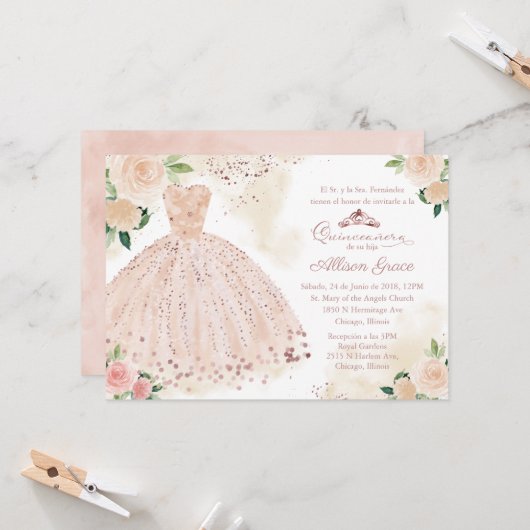 Quinceanera Invitation Espagnol Blush Rose Or (Devant/Arrière en situation)