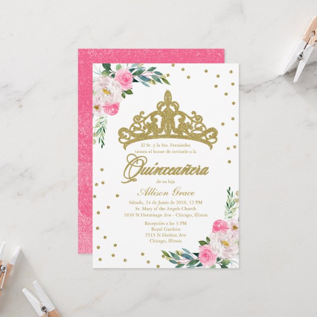 Quinceanera Invitation Espagnol Gold Tiara Hot Pin (Devant/Arrière en situation)