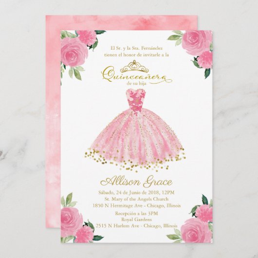 Quinceanera Invitation Espagnol Hot rose Gown (Devant / Derrière)